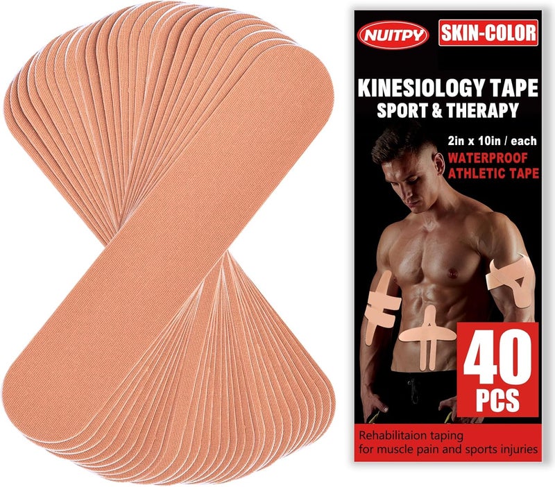 NUITPY 40PCS Precut Kinesiology Tape Strips, 2 inch x 10 inch Athletic Tape, Kinetic Tape, Elastic Muscle Tape, Sports Tape, Knee Tape for Exercise and Daily Use - Skin Color - Image 1